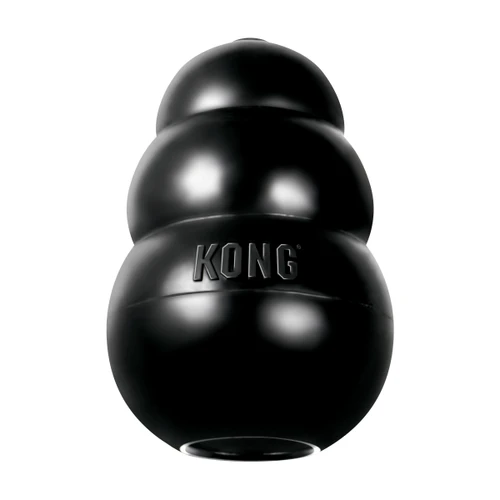 Black natural rubber KONG shaped dog toy with three tiers and “KONG” embossed.