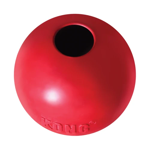Red natural rubber ball-shaped dog toy with a hole in the center.