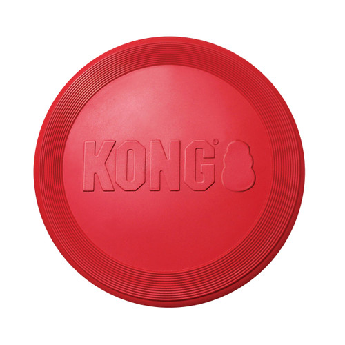 Red circular flying disc dog toy with “KONG” embossed.