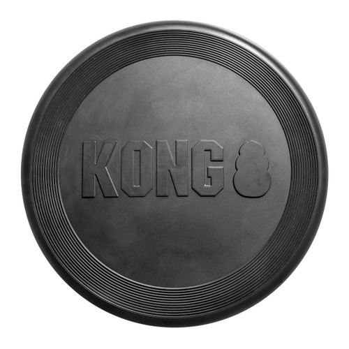 Black circular flying disc dog toy with “KONG” embossed.