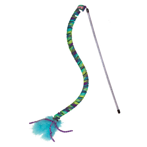 Colorful cat teaser with a long wand wrapped in braided green, blue, and purple fabric.