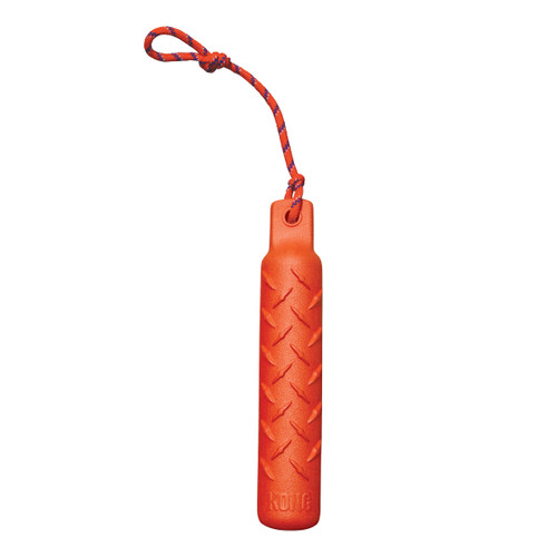 Orange dummy dog toy with rope loop.