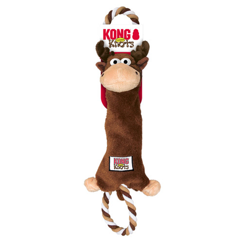 Brown and tan monkey plush  dog toy with roped ends. Shown in its retail packaging.
