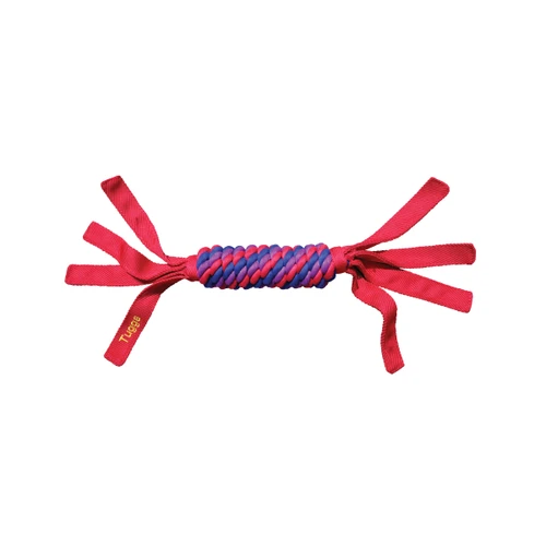 Red and blue dog toy with multiple chewable ends.