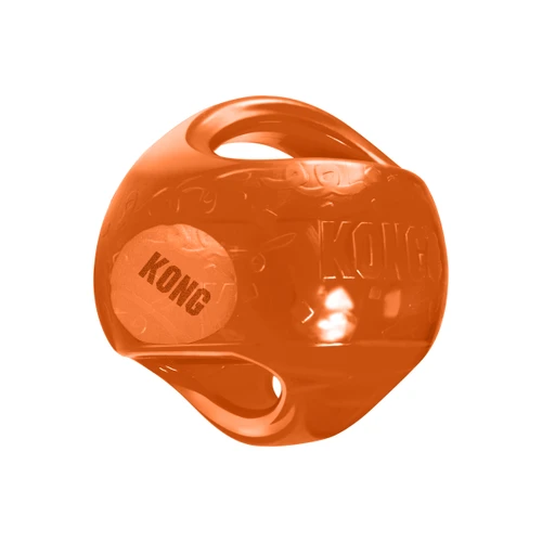 Orange ball-shaped dog toy with green accents and translucent surface.