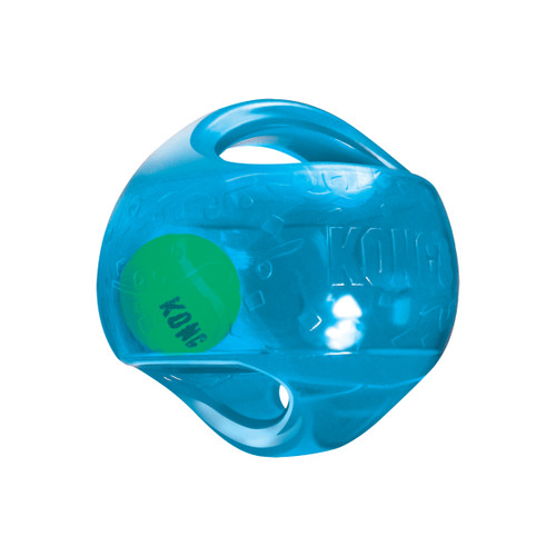 Blue ball-shaped dog toy with green accents and translucent surface.