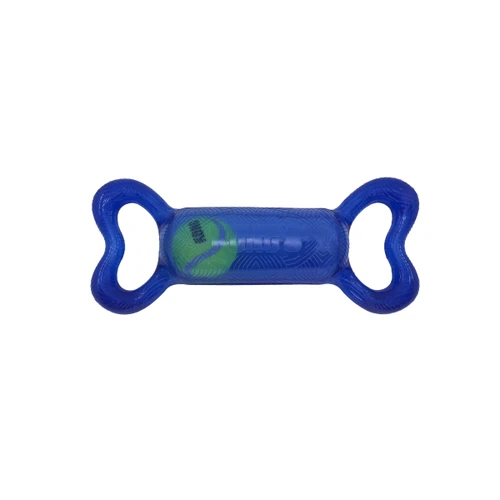Blue bone-shaped dog toy with handles at the end.