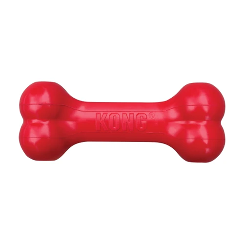 Red bone-shaped dog toy with textured ends.