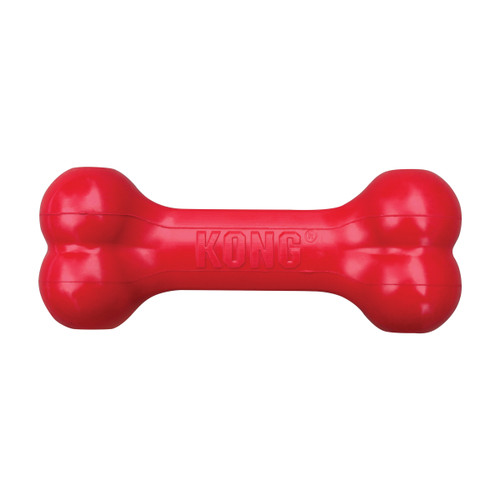 Red bone-shaped dog toy with textured ends.