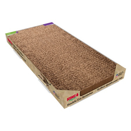 Cat scratcher with green catnip insert in cardboard base.
