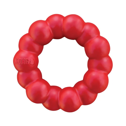 Red ring shaped dog toy with rounded texture all the way around.