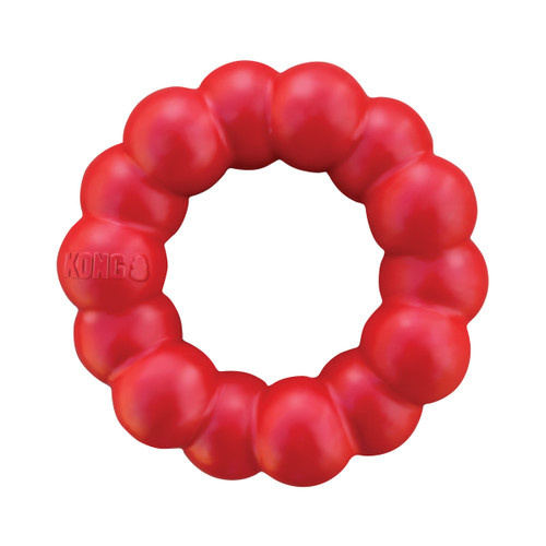 Red ring shaped dog toy with rounded texture all the way around.