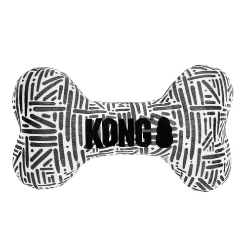 Black and white bone-shaped plush dog toy with printed pattern.
