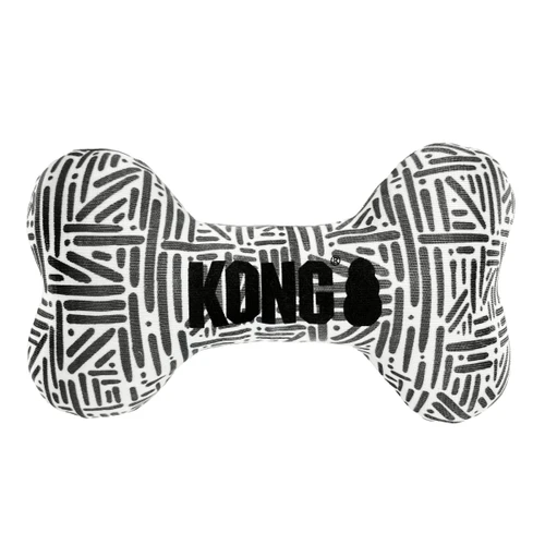 Black and white bone-shaped plush dog toy with printed pattern.