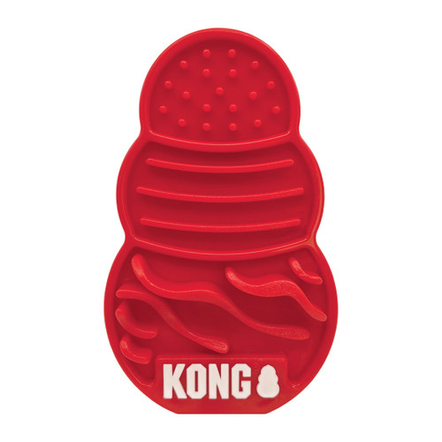 Red KONG-shaped dog feeding mat with textured grooves and ridges.