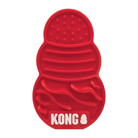 Red KONG-shaped dog feeding mat with textured grooves and ridges.