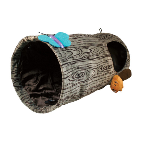 Faux wood cat tunnel with hanging toys and textured surface.