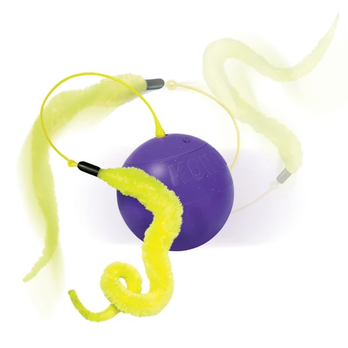 Purple electronic cat ball with two long yellow feathers.