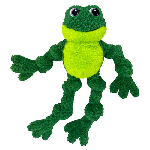 Green frog-shaped plush dog toy with soft limbs.