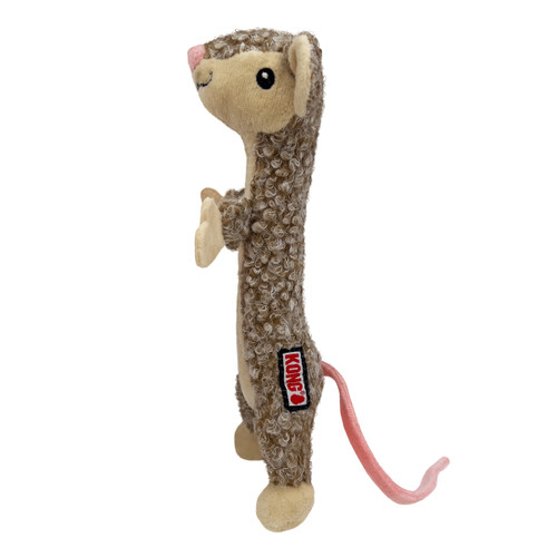 Plush mouse cat toy with long tail and pink nose.