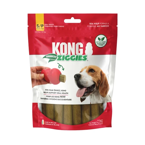 Two cylindrical dog treats with speckled surface, arranged side by side. Shown in its retail packaging.