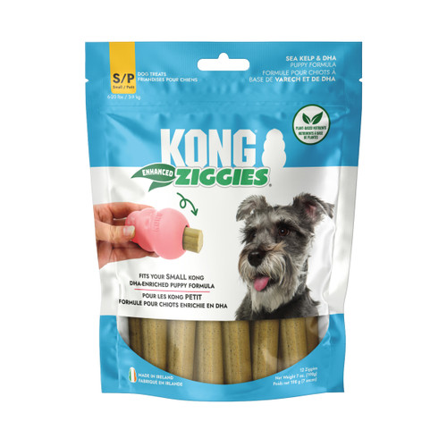 Two cylindrical dog treats with speckled surface, arranged side by side. Shown in its retail packaging.