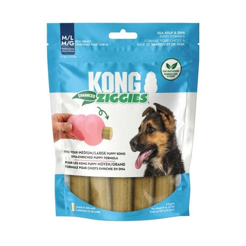 Two cylindrical dog treats with speckled surface, arranged side by side. Shown in its retail packaging.