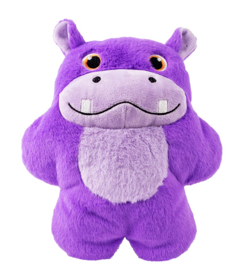 Purple hippo plush dog toy with rounded shape.