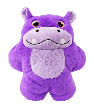 Purple hippo plush dog toy with rounded shape.