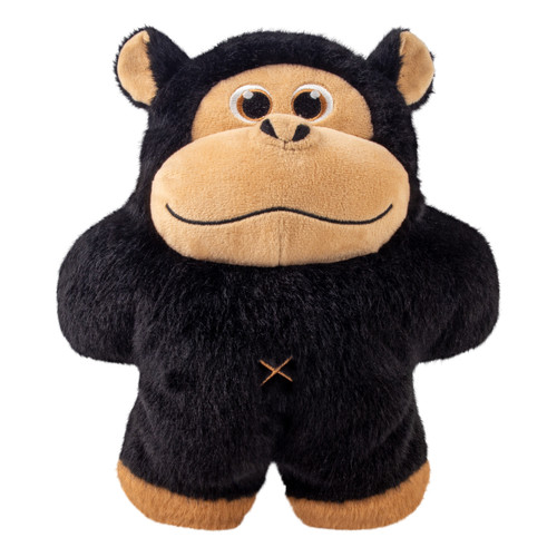 Black and tan Gorilla plush dog toy in a rounded shape.