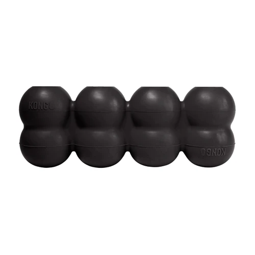Black cylindrical dog toy with three stacked tiers and textured surface.