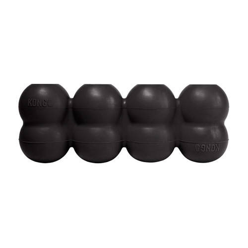 Black cylindrical dog toy with three stacked tiers and textured surface.