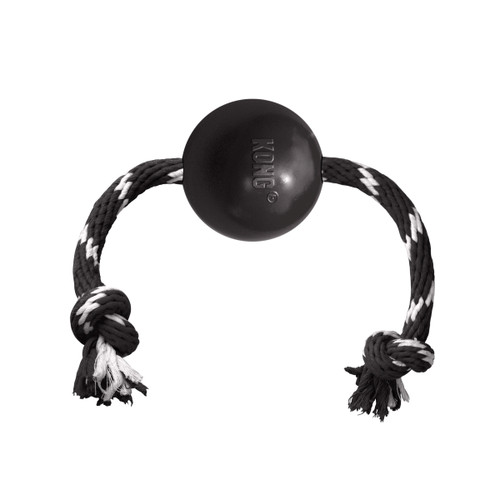 Black natural rubber ball dog toy with a red and white rope through the center.