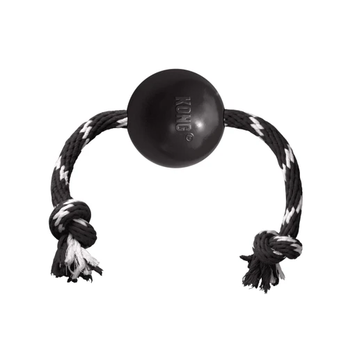 Black natural rubber ball dog toy with a red and white rope through the center.