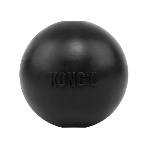 Black natural rubber ball dog toy with “KONG” embossed.