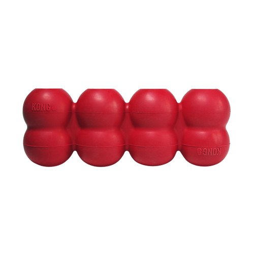 Red cylindrical dog toy with three stacked tiers and textured surface.