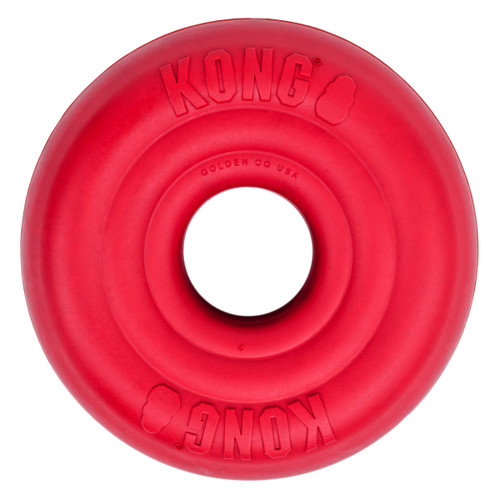 Red circular natural rubber ring dog toy with textured surface.