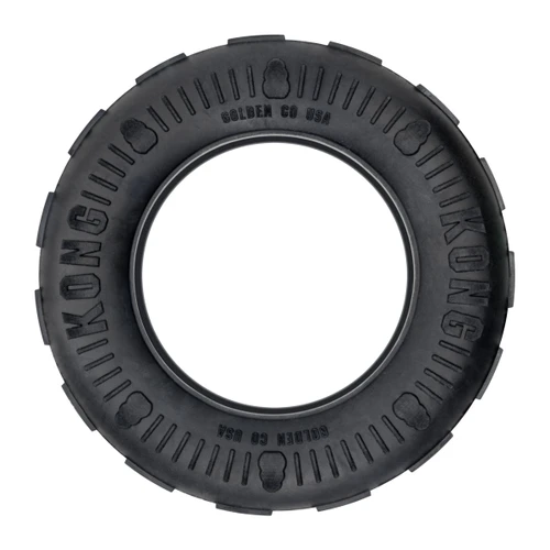 Black tire shaped dog toy with hollowed out center.