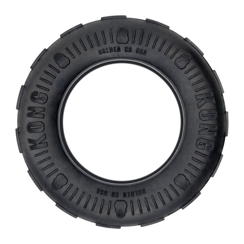 Black tire shaped dog toy with hollowed out center.
