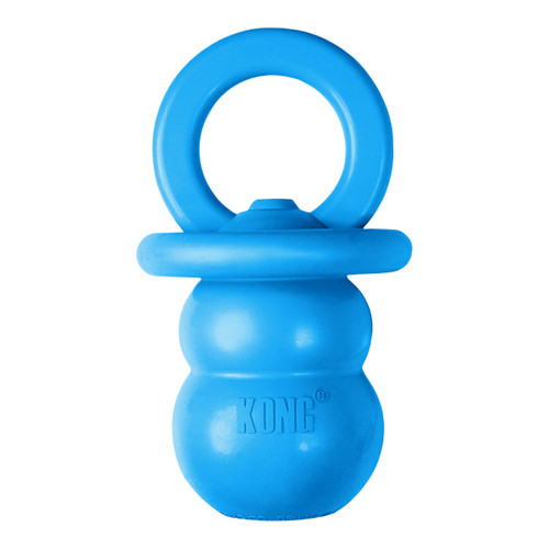 Blue pacifier natural rubber dog toy with smooth surface.