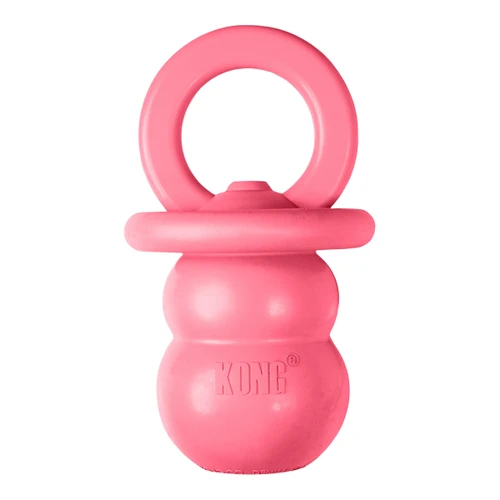 Pink pacifier natural rubber dog toy with smooth surface.
