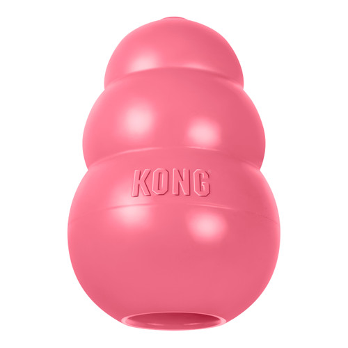 Pink natural rubber KONG shaped dog toy with three tiers and “KONG” embossed.