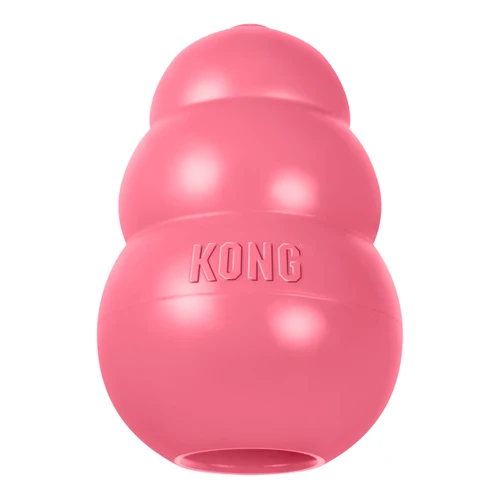 Pink natural rubber KONG shaped dog toy with three tiers and “KONG” embossed.