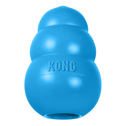 Blue natural rubber KONG shaped dog toy with three tiers and “KONG” embossed.