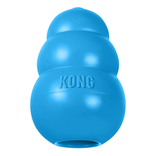 Blue natural rubber KONG shaped dog toy with three tiers and “KONG” embossed.