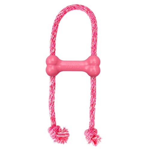 Pink bone-shaped dog toy with rope through the ends.