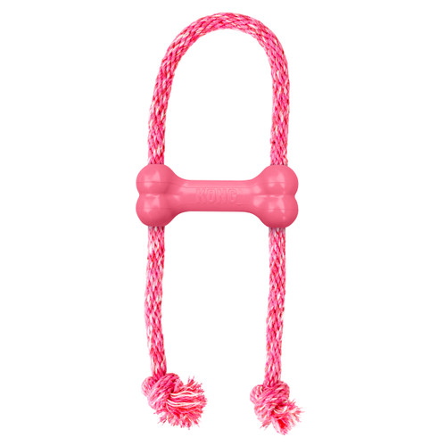 Pink bone-shaped dog toy with rope through the ends.