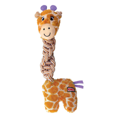 Giraffe-shaped plush dog toy with yellow body and brown spots.