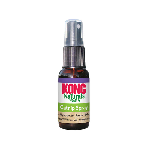 Catnip spray bottle with red and white label.