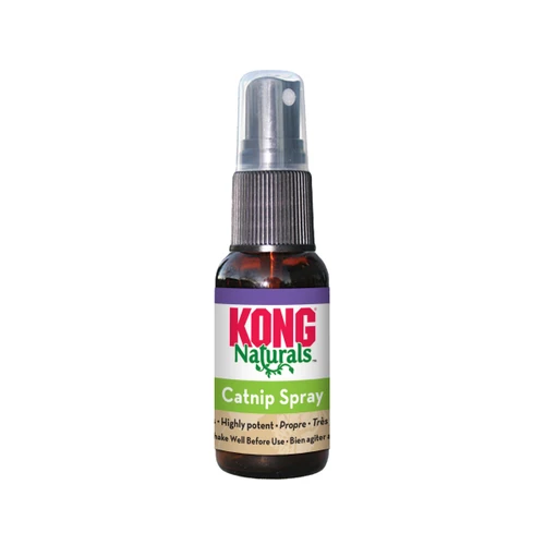 Catnip spray bottle with red and white label.